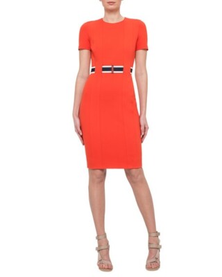 $714 Akris Punto Short-Sleeve Belted stretch-woven orange Sheath Dress, Size 2