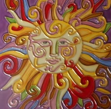 Sun  hand painted ceramic art tile 6 x 6 inches with fiberboard back