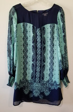 xhilaration Bohemian Teal &Blue Bubble Sleeve Fully Lined Rayon Dress Size S/P