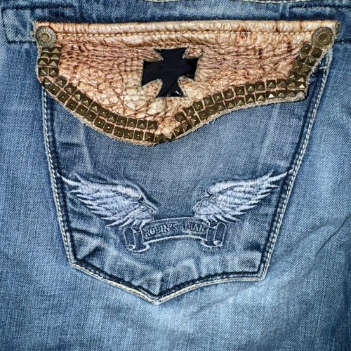Robins Jean Mens 33 Blue Crocodile Crosses Wings Distressed USA Y2K Grunge Biker - Picture 6 of 24