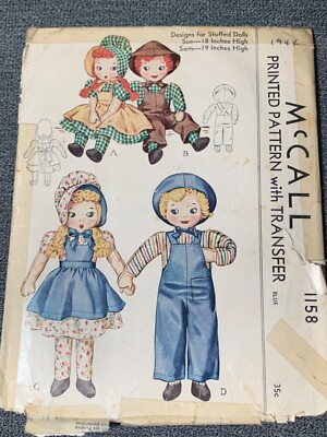 Vintage McCall 1158 Sewing Pattern Stuffed Dolls 1944 18-19''