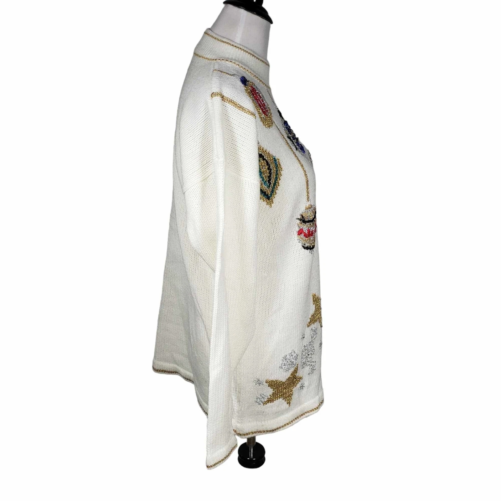 Dana Scott size Large White Gold Holiday Ugly Christmas Knit Sweater