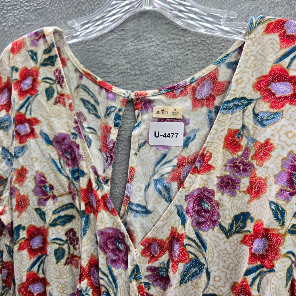 Hollister Women Romper Medium Red Floral Faux Wrap Tasseled Long Sleeve V Neck - Image 4 of 4