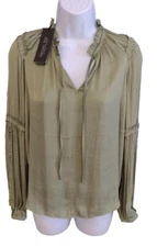 Rachel Zoe Peasant Short Blouse  Woman's Size XS Boho Smocked Sleeves Green Top