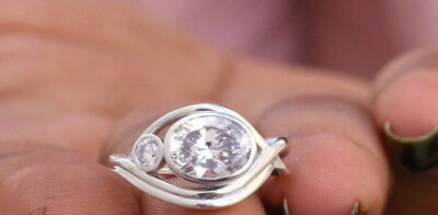 Two Stone Sterling Silver 2.50 CT Moissanite Oval & Round Cut Engagement Ring