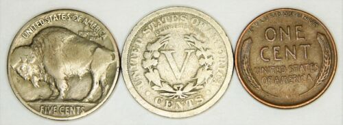 Buffalo Head Nickel, Liberty V Nickel, Lincoln Weizencent - 3 Münzen Lot - Bild 2 von 2