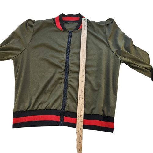 Olive Green Varsity Jacket Womens Small Black Red Striped Puff Shoulder Full Zip - Picture 9 of 9