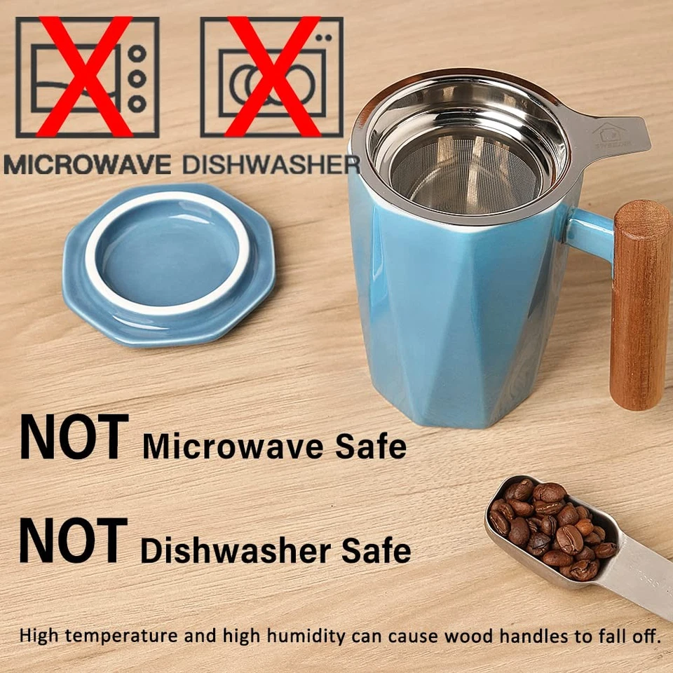 Taza infusora de té de cerámica con tapa, taza de té con mango de madera con coladores para Loo... Foto 2 de 4