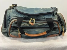 Vtg LL Bean Nylon Duffle Bag Green Blue Weekender Shoulder Strap FADED