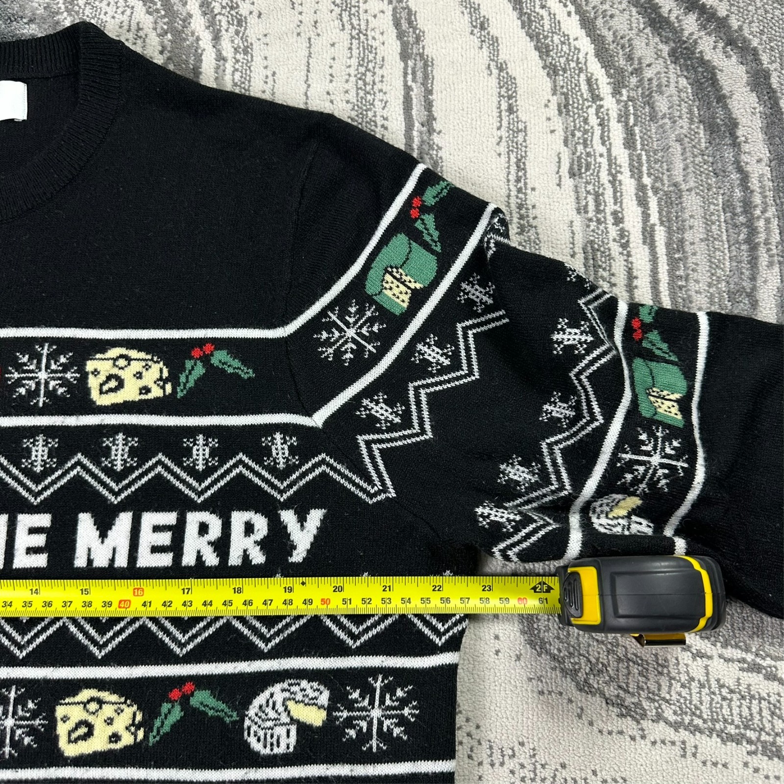 VTG M&S Black Eat Drink Brie Merry Cheese Christmas Size Large Fair Isle Jumper image 4