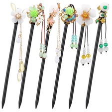 6 Pcs Chinese Hair Sticks Vintage Wooden Hairpins Handmade Tassel Flower Hair Ac
