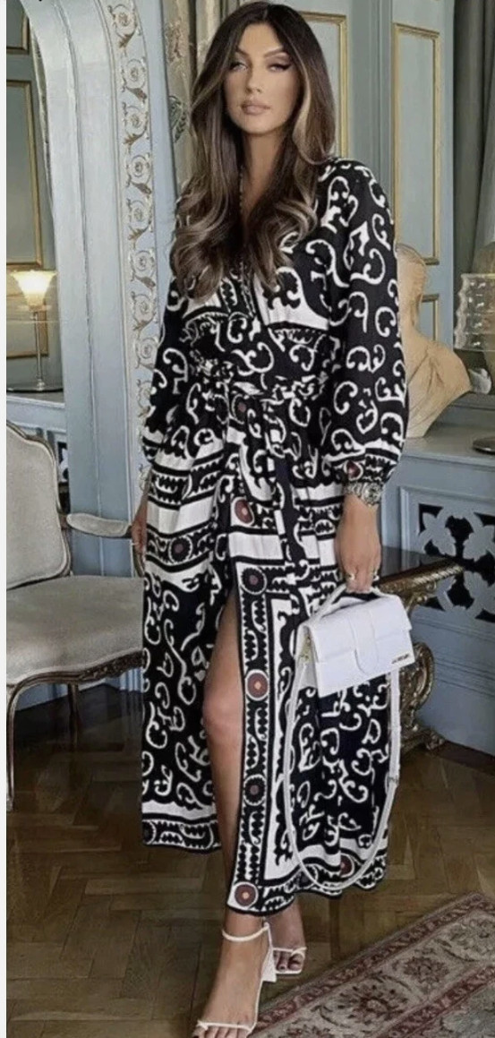 NEW ZARA ECRU PRINTED WRAP KIMONO STYLE LONG DRESS SIZE L 2740/154 RARE image 2