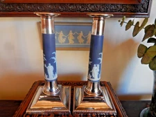 Wedgwood - Silver & Jasper - RARE -  10" x 4.5"  Candlesticks - Plaque Cameos -