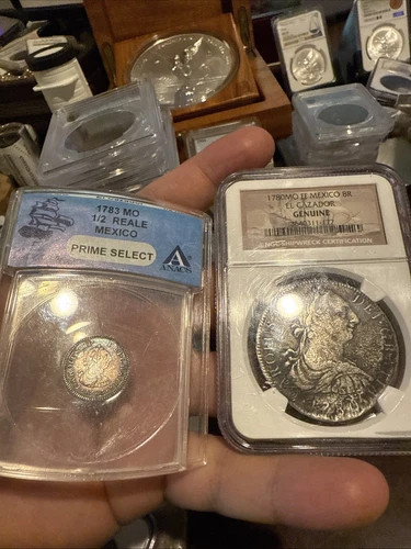 1783 Mo Mexico 1/2 Reale El Cazador Shipwreck Coin + 1780 8 Real! NGC wow! Set!!