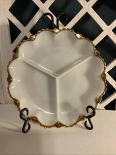 Anchor Hocking Fire King Vintage Milk Glass 11" Divided Dish with Gold Bead Trim