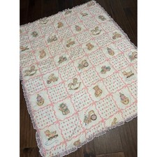 Adorable Baby Quilt Blanket Pink White Strawberry Bunny Bear Toy Print 70s