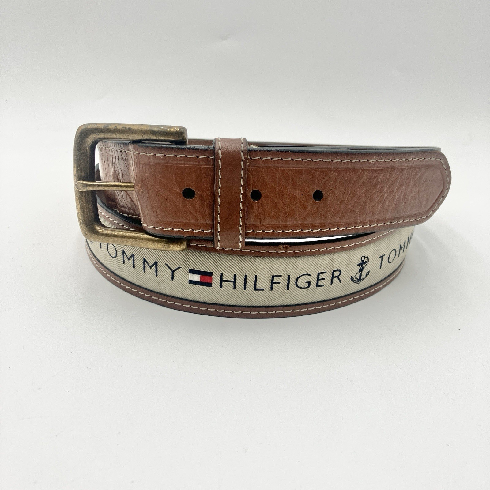 Vintage 90s Tommy Hilfiger Men’s Logo Belt Size 42 Y2K Nautical Flag Design