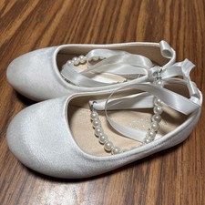 Kailee P White Satin Mary Jane Flower girl Flats Pearl Strap Ribbon Ankle Ties