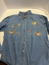 VTG 90s Bobbie Brooks Denim Shirt Womens 18W/20W Jean Shirt Fall Embroidered