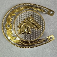 Western Americana Belt Buckle Gold Silver Horse Head Horseshoe Design