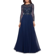 XSCAPE Mesh-Sleeve Sheer Woven Embellished Gown Navy Blue Size 16 Petite NWT