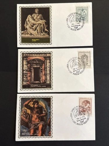 1975 Italy Michelangelo Art Set of 3 FDCs w/ Silk Cachets Sc# 1180-2, Mi# 1483-5
