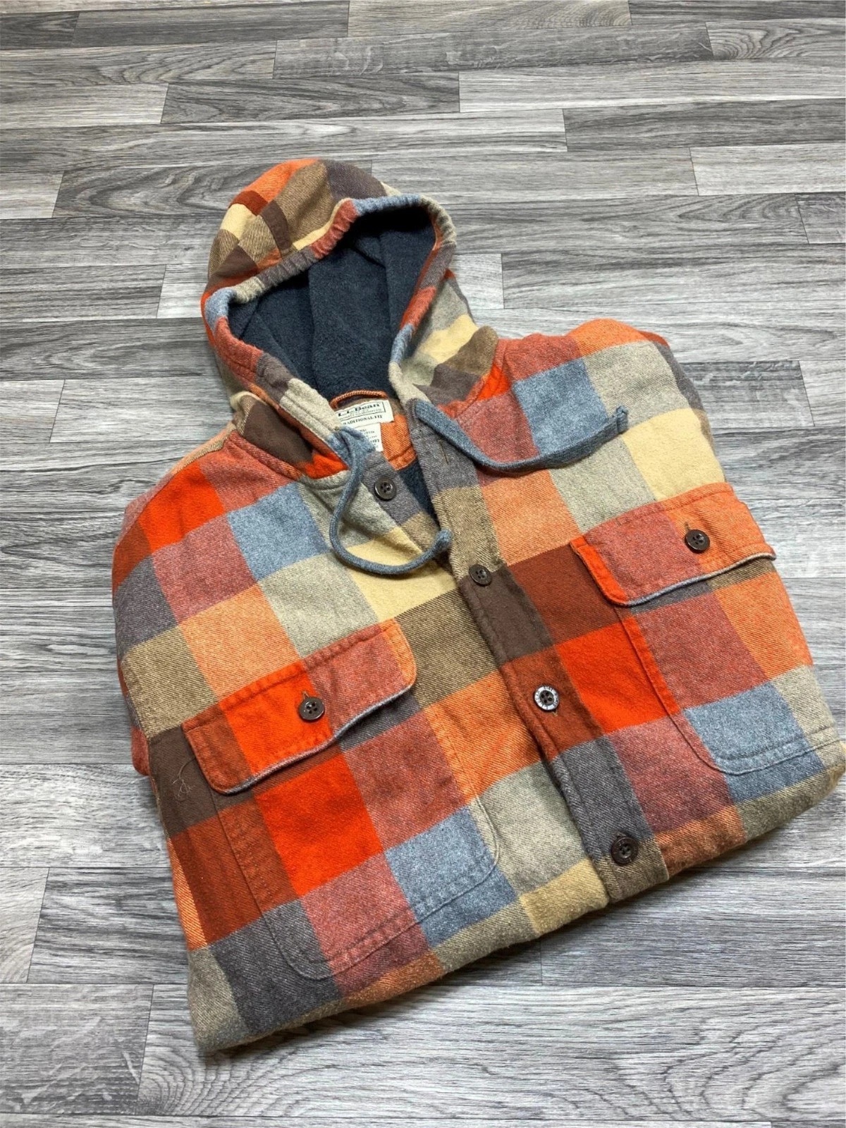 L.L. BEAN Traditional Fit Fleece Lined Orange/Brown Plaid Jacket Men's Size L