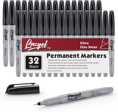Ultra Fine Point Black Permanent Markers, 32 Pack, Felt Tip Pens