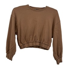 ZARA Womens Cropped Sweatshirt Pullover Long Sleeve Crew Neck Brown Size Large