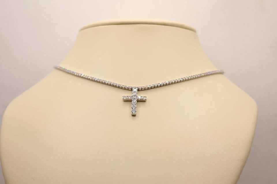 COLLANA TENNIS CROCE MM 2 MM 2,5 CM 40-45 ARGENTO RODIATO ZIRCONI BIANCHI EXPOIT - Immagine 4 di 4