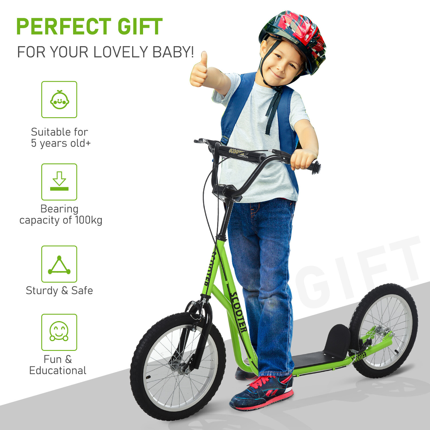 Scooter Kids Kick Adjustable Handlebar Inflatable Wheels Green 90-96cm HOMCOM