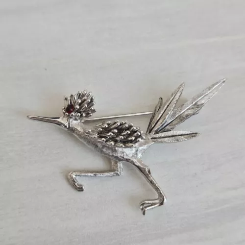 Marcel Boucher Roadrunner Brooch Vtg Signed Bird Rhinestone Eye Silver Tone Pin