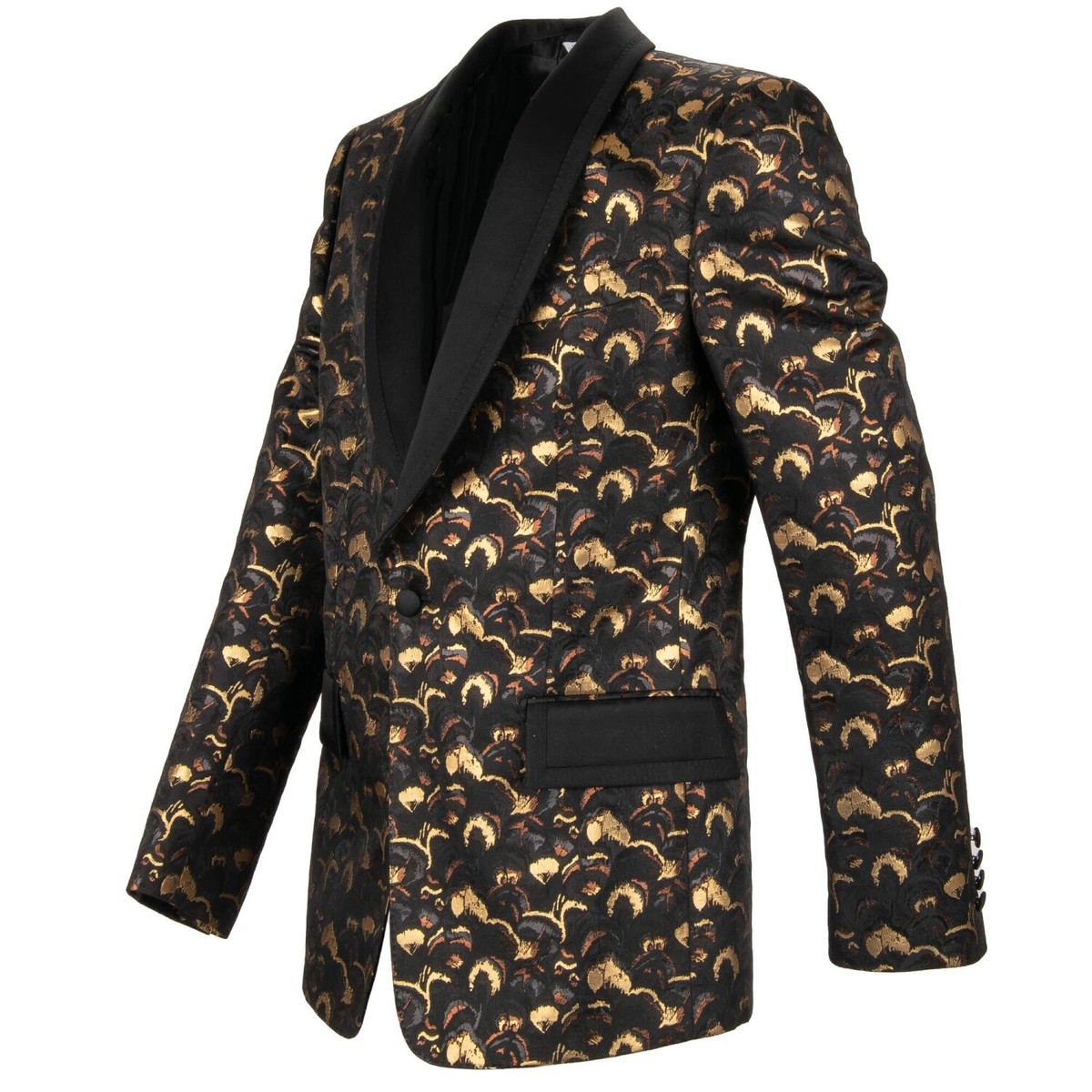 DOLCE & GABBANA Feather Jacquard Blazer Tuxedo Jacket Gold Black 