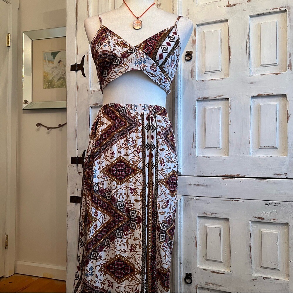 Boho Crop Top and Maxi Skirt Set with High Slit and Tie Back in Size S-image