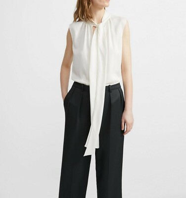 NWT Theory Scarf Tie Sleeveless Stretch Silk Blouse, Ivory, Large