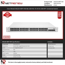 Cisco Meraki MS220-48FP-HW 48x 1GB PoE+ RJ-45 4x 1GB SFP+ UNCLAIMED Switch