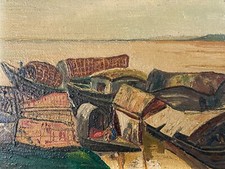 Pittura Scuola Di Hanoi Su Pannello Legno Hsp Marina Nave Quadro 1960 Vietnam