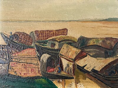 Peinture École D Hanoï Sur Panneau Bois Hsp Marine Bateau Tableau 1960 Vietnam