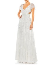 Mac Duggal 93692 Floral Aplique Lace Up Flutter Sleeve Gown SZ 4 ($798) White