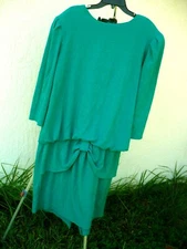 VTG 80S KARIS KORNER FLAPPER 2X X DRESS BLOUSON BOW GREEN MIDI WOMEN MADE IN USA