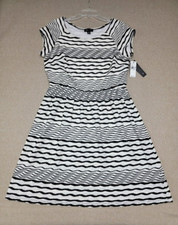 NWT~AB STUDIO Woman's XL Dress White Black Stripes Stretch Cap Sleeves Elastic