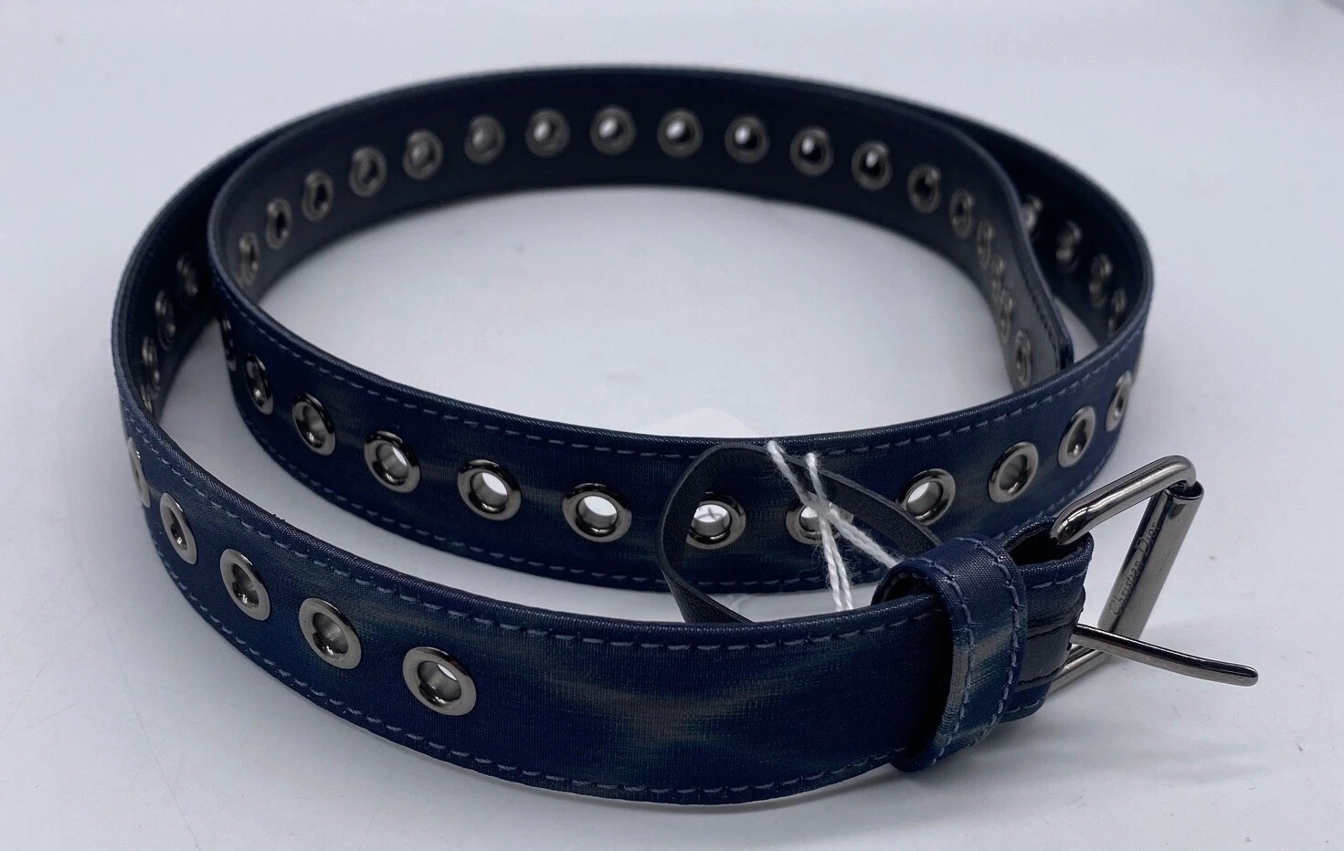Christian Dior tissu bleu irisé œillet embelli ceinture étroite taille 40