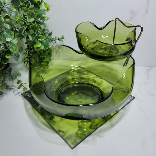 Vintage ANCHOR HOCKING 3-Piece Avocado Green Chip & Dip Set Accent Modern w. Box - Picture 4 of 5