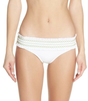 Tory Burch Costa Smocked Hipster Bikini Bottom, White, Women's XS