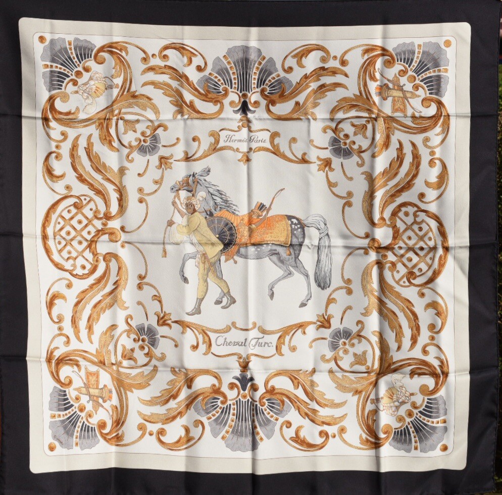 HERMES Silk Scarf Cheval Turc Black/Off-white Rare Vintage New