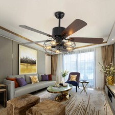 52" Ceiling Fan With Light Cage Rustic LED Chandelier Light 5-Blades with Remote