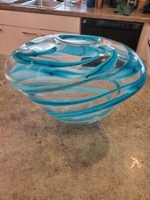 Beautiful Artist Signed Blue Swirl Gold Flecks Large Freeform Glass Vase 12"