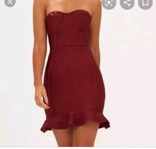 Prettylittlething: Burgundy Bandage Frill Hem Bodycon Dress