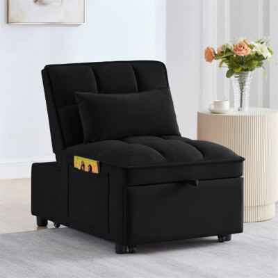 4 in1 Multi-Function Single Sofa Bed with Storage Pockets,Tufted Single Black
