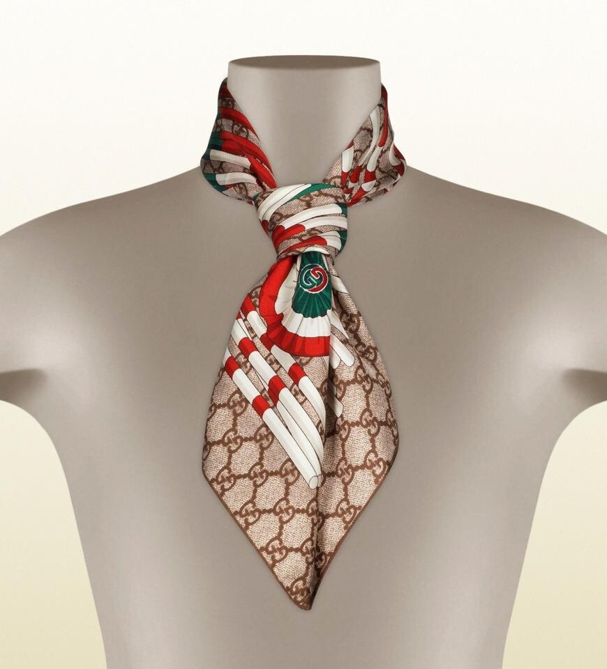 Gucci Scarf GG Logo WEB Club Brown Beige Silk Wrap Bandana with